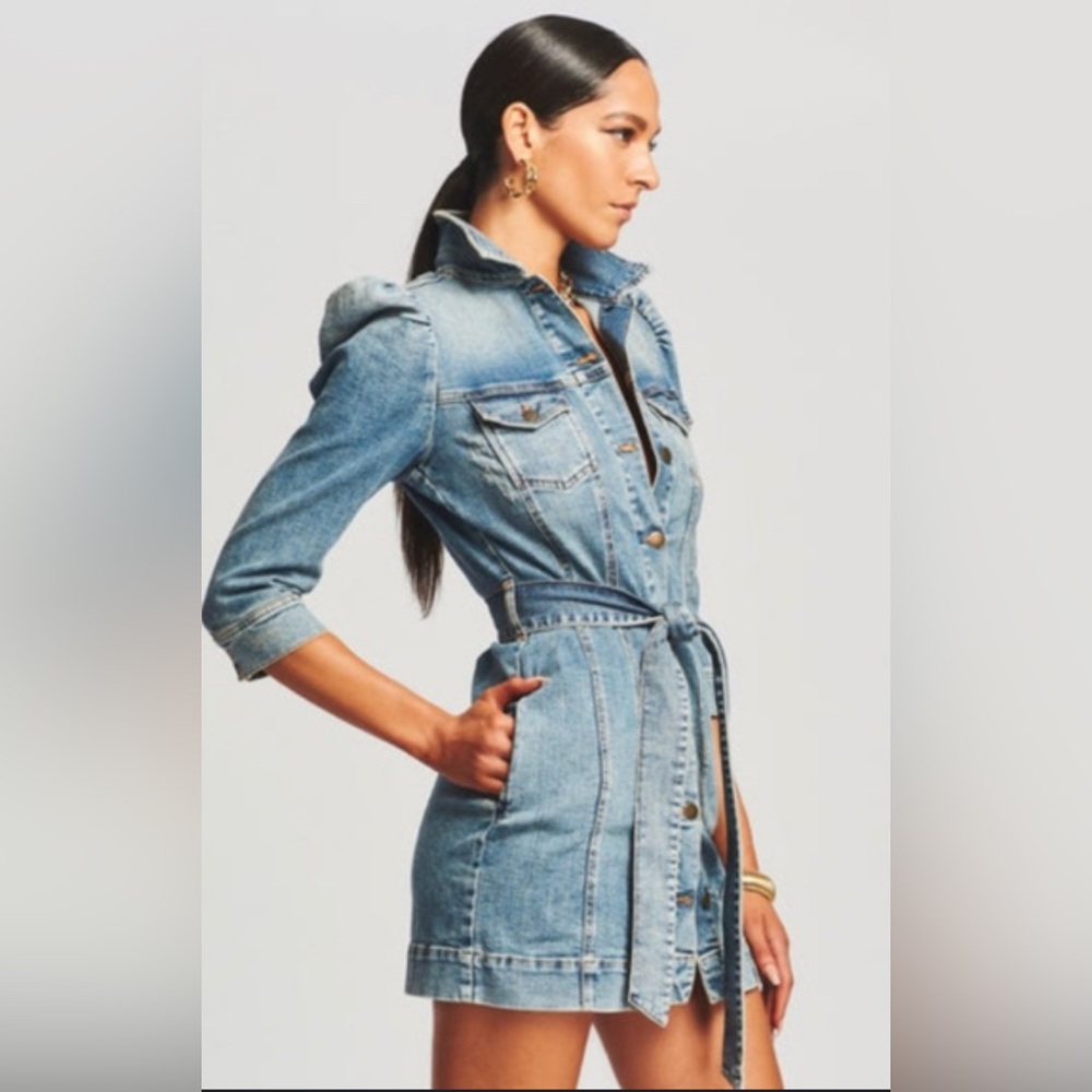 Retrofete Lema Belted Distressed Denim Mini Shirt Dress Size M